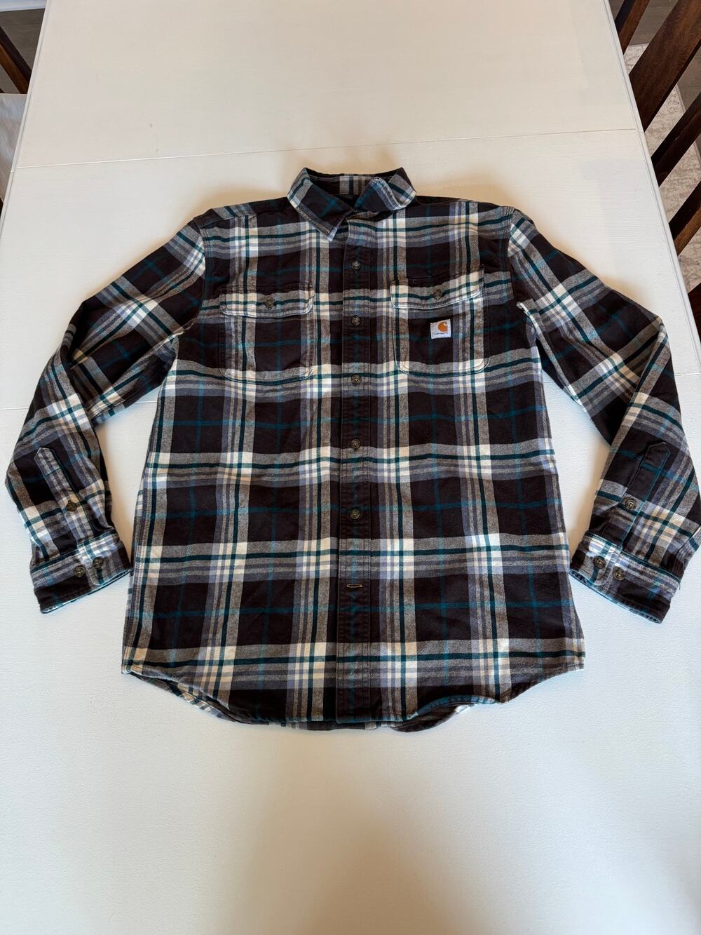Carhartt Loose Fit Flannel Plaid Shirt Heavyweight Brown Teal Size Small Cotton